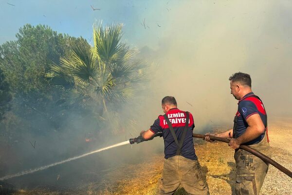 İzmir’in Menemen ilçesinde çıkan ot yangını, rüzgarın etkisiyle kısa sürede