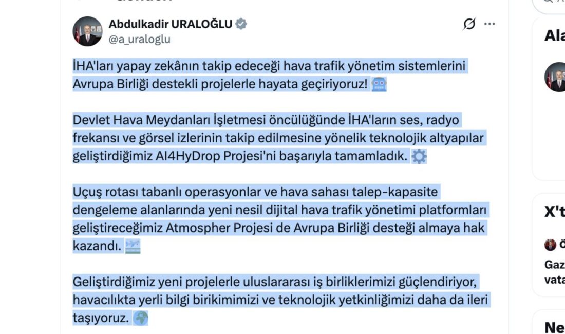 Bakan Uraloğlu, Devlet Hava Meydanları İşletmesi öncülüğünde geliştirilen yapay zeka